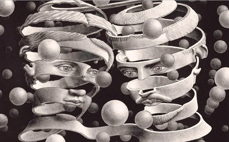 Escher-style artwork of two faces intertwined with spiraling ribbons and spheres.