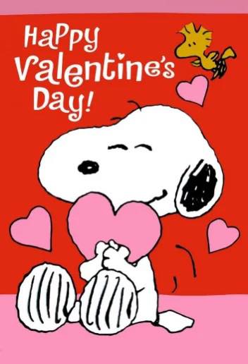 Snoopy holding a heart, wishing Happy Valentine's Day with Woodstock.