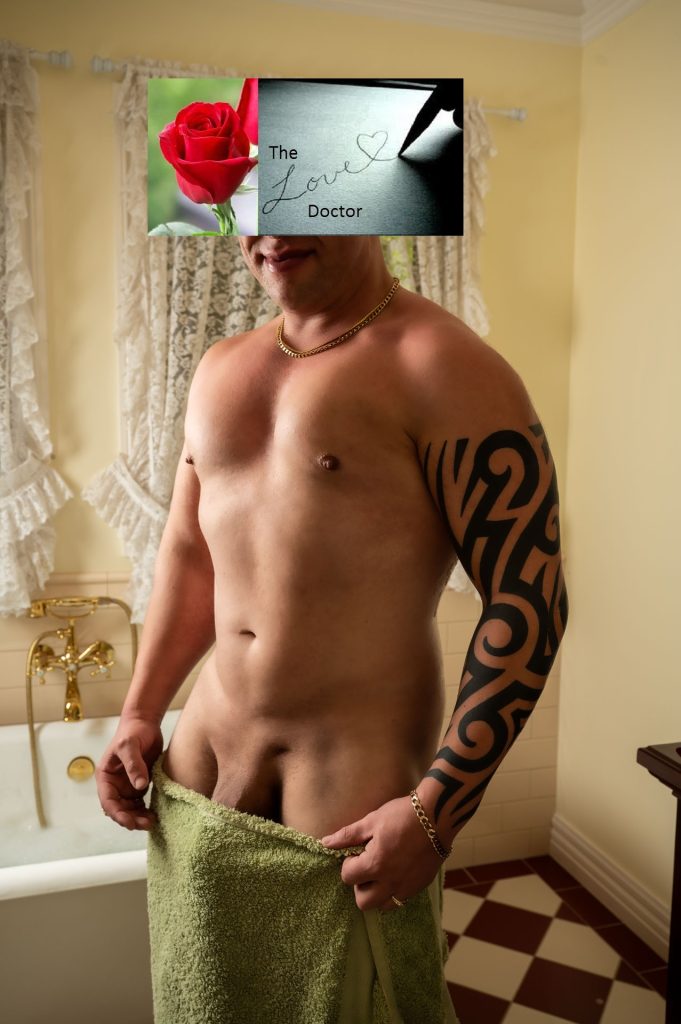 Man holding towel, rose, and 
