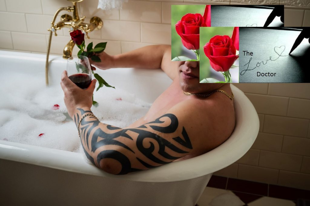 Man with tattoo in bathtub holding wine and rose, with 