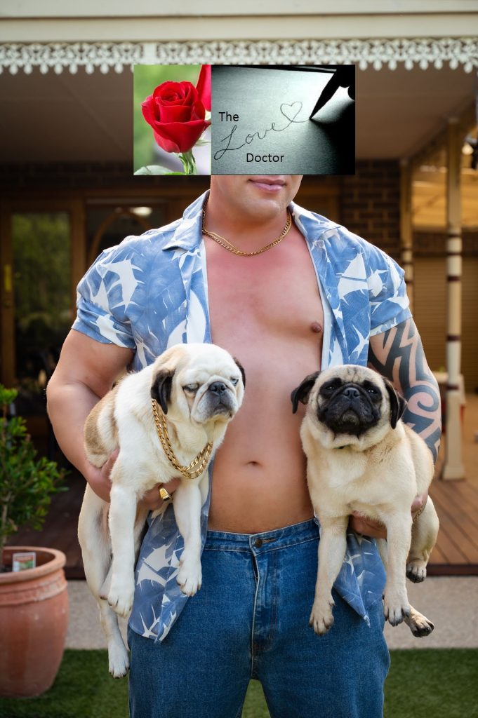 Man in floral shirt holds two pugs, with a rose and 