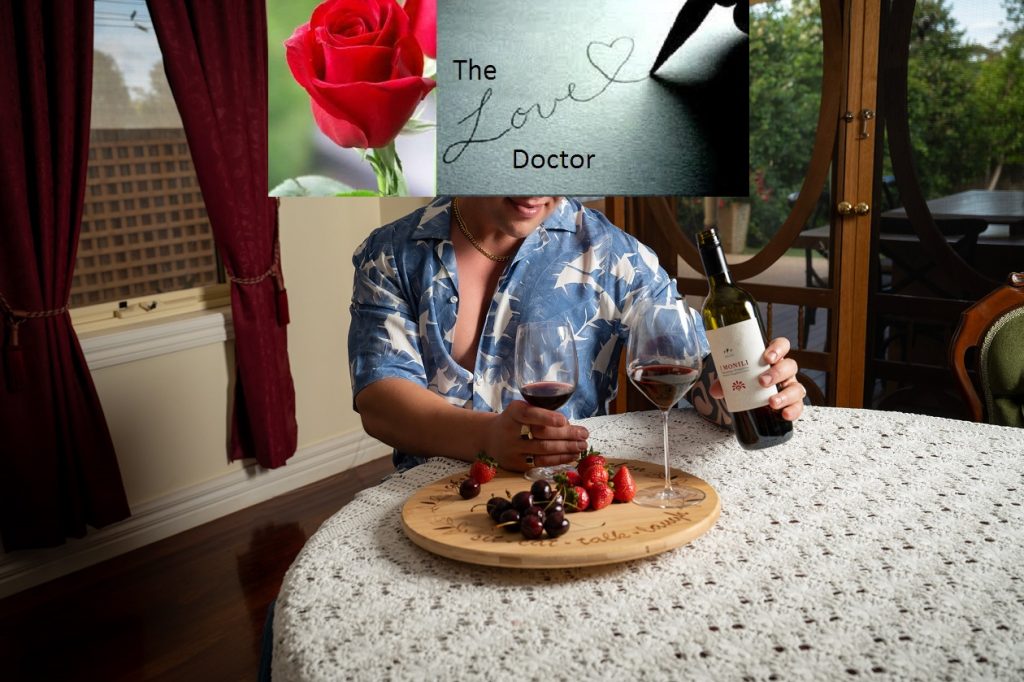 The Love Doctor: Man with wine, roses, and cherries on table