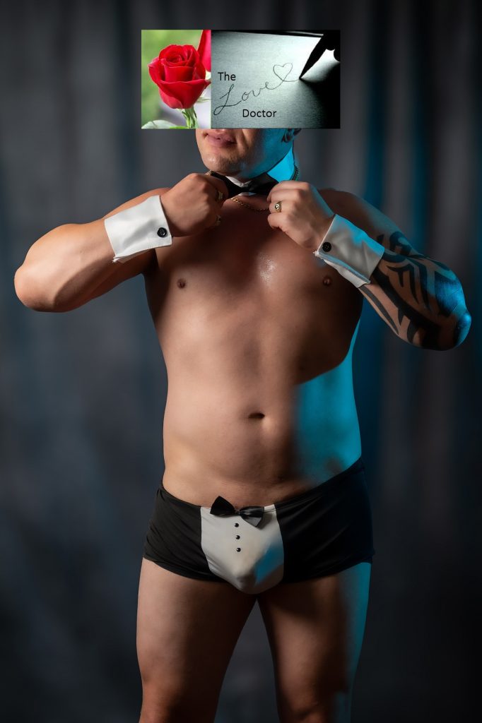Man in tuxedo underwear, rose, and 