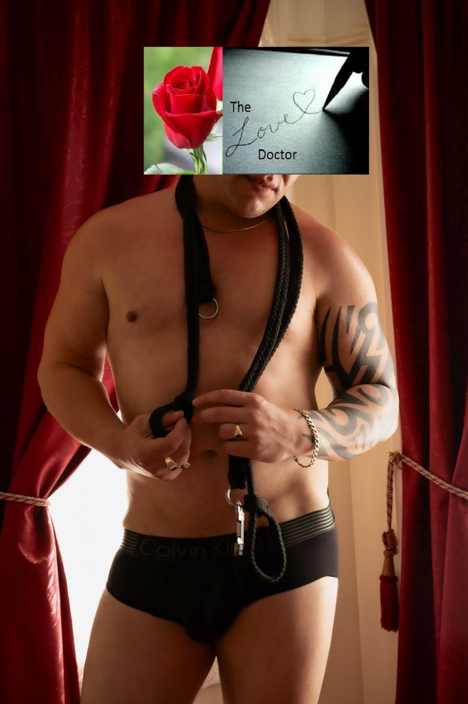Man in Calvin Klein underwear with rope collar, red rose, and 