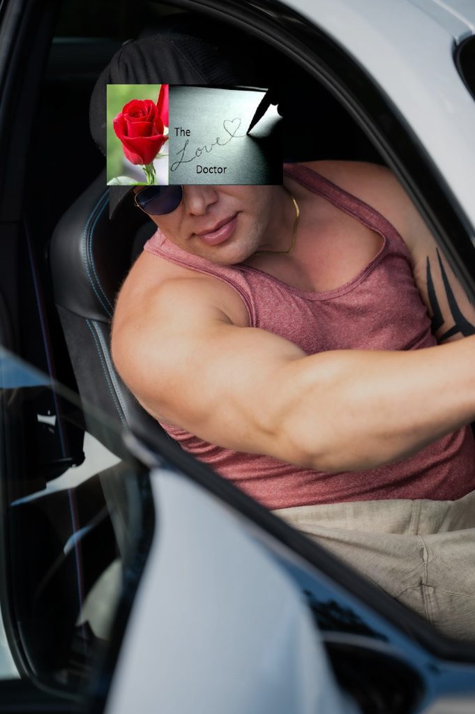 Man in car with rose and 