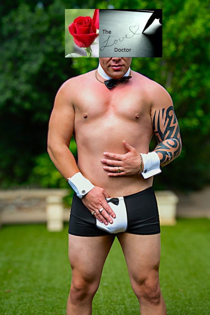 Man in tuxedo-style underwear, rose, and 