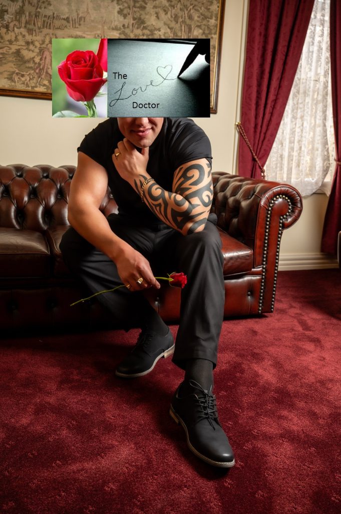 Man with rose and tattoo, with text 