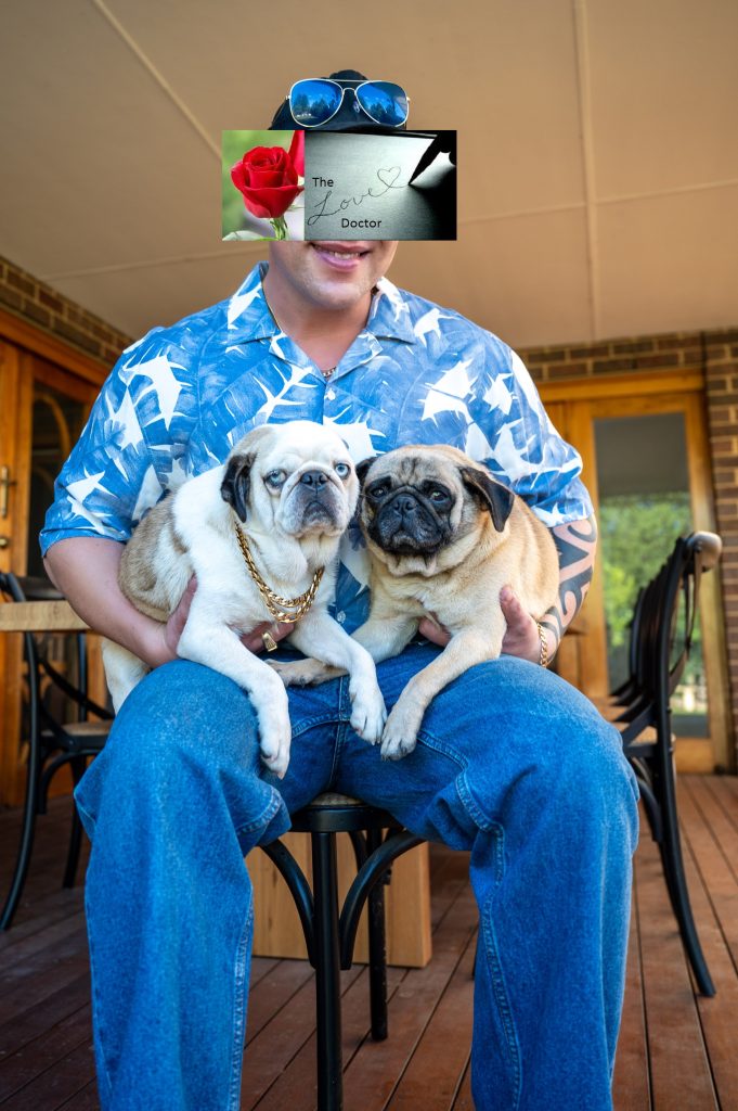 Man in blue shirt and jeans holding two pugs, with 