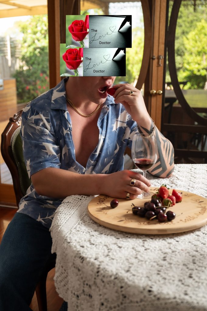 Man eating strawberries and cherries with wine, February 2025 gallery