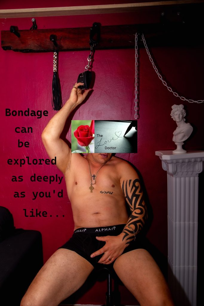 Man in bondage gear, rose, and text 