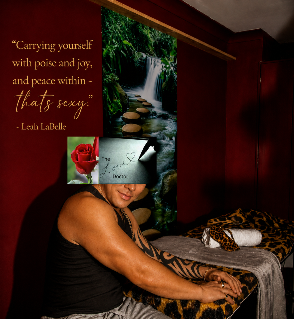 Man with tattoos in spa with waterfall art and quote about love.