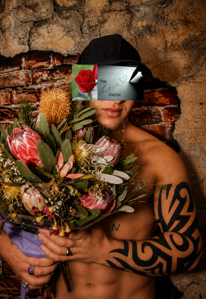 Man with tattoos holding a bouquet of flowers, with 