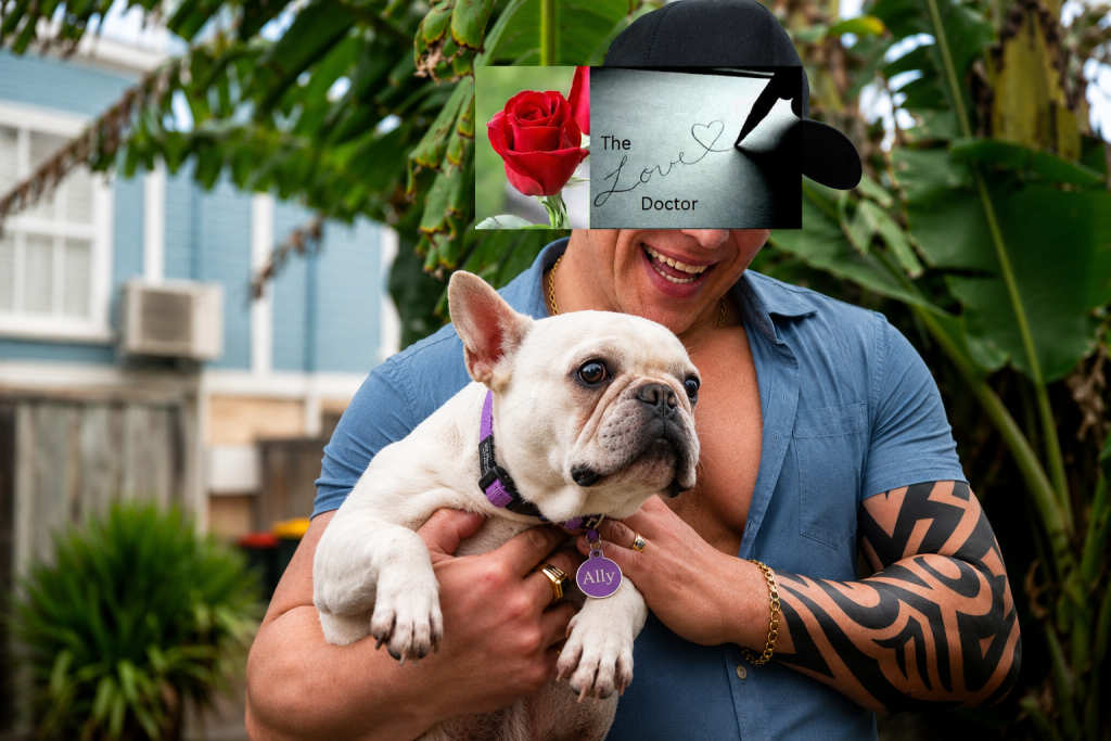 Man holding French bulldog, with 