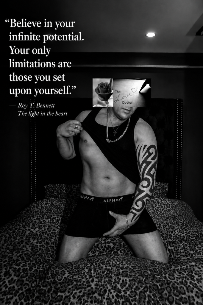 Man in boxer briefs on leopard print bed, quote about potential