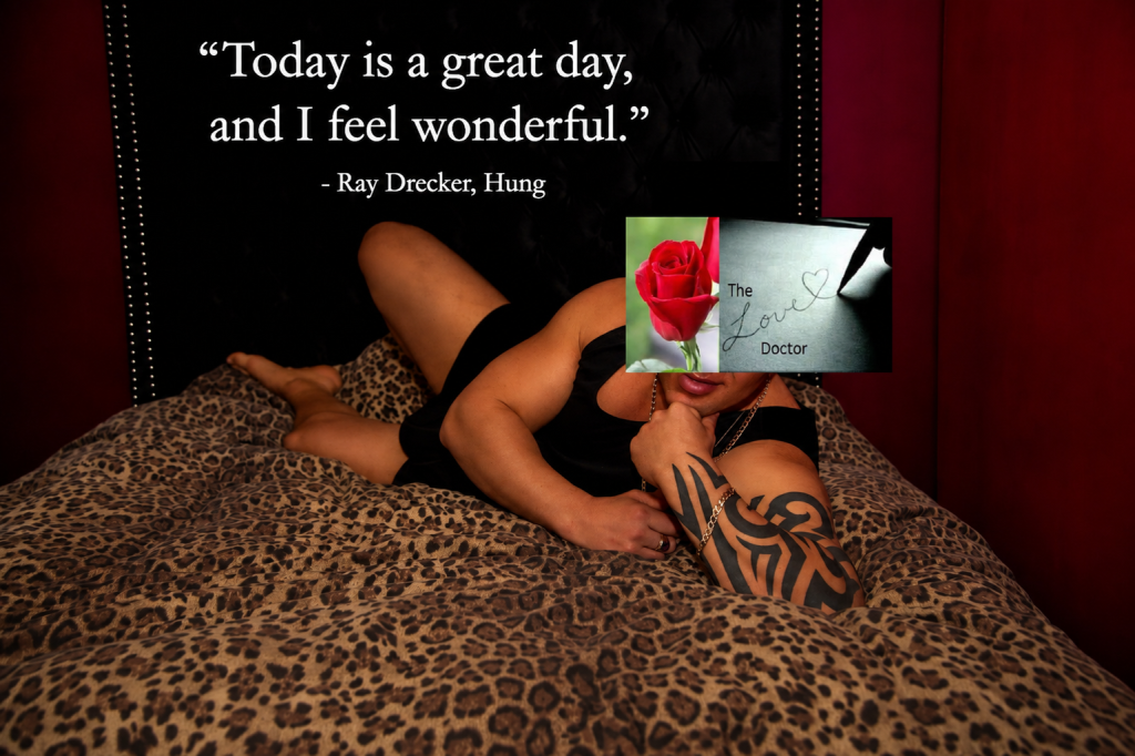 A person with a tattoo lies on a leopard-print bed, with a quote and a rose overlay.
