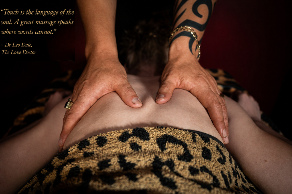 Close-up of hands massaging a back, with text about touch and massage.