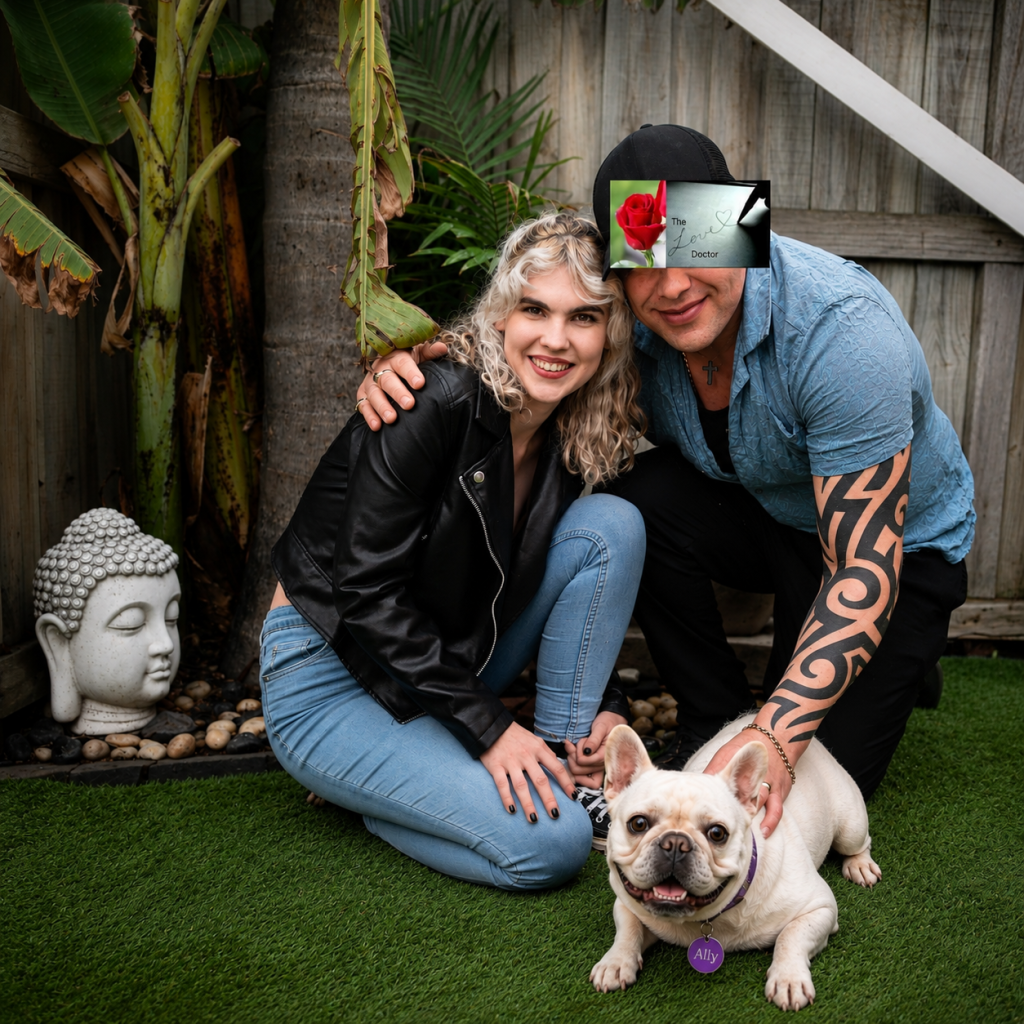 Couple with French Bulldog and Buddha statue in July 2026 gallery