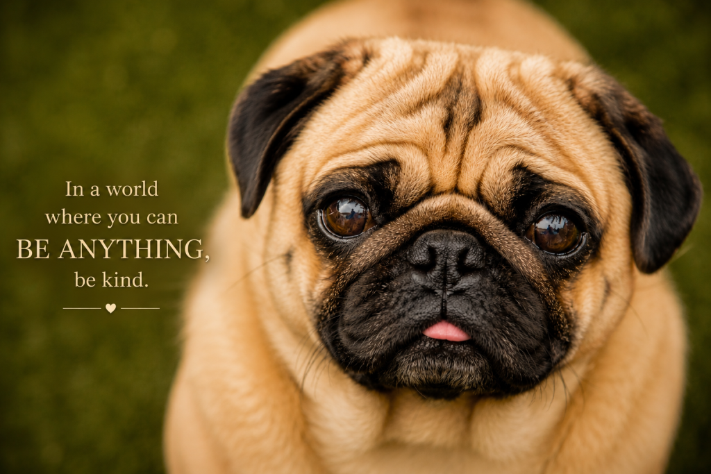 Close-up of a pug with its tongue sticking out, with the text 