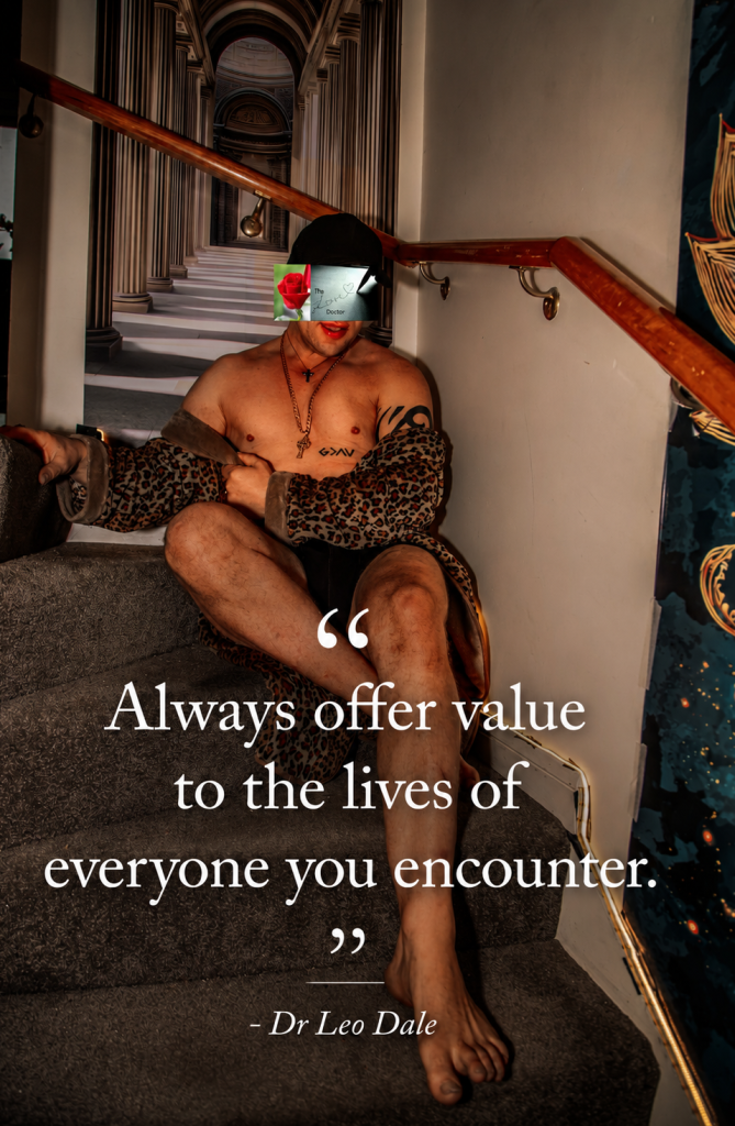 Man sitting on stairs with robe and motivational quote 