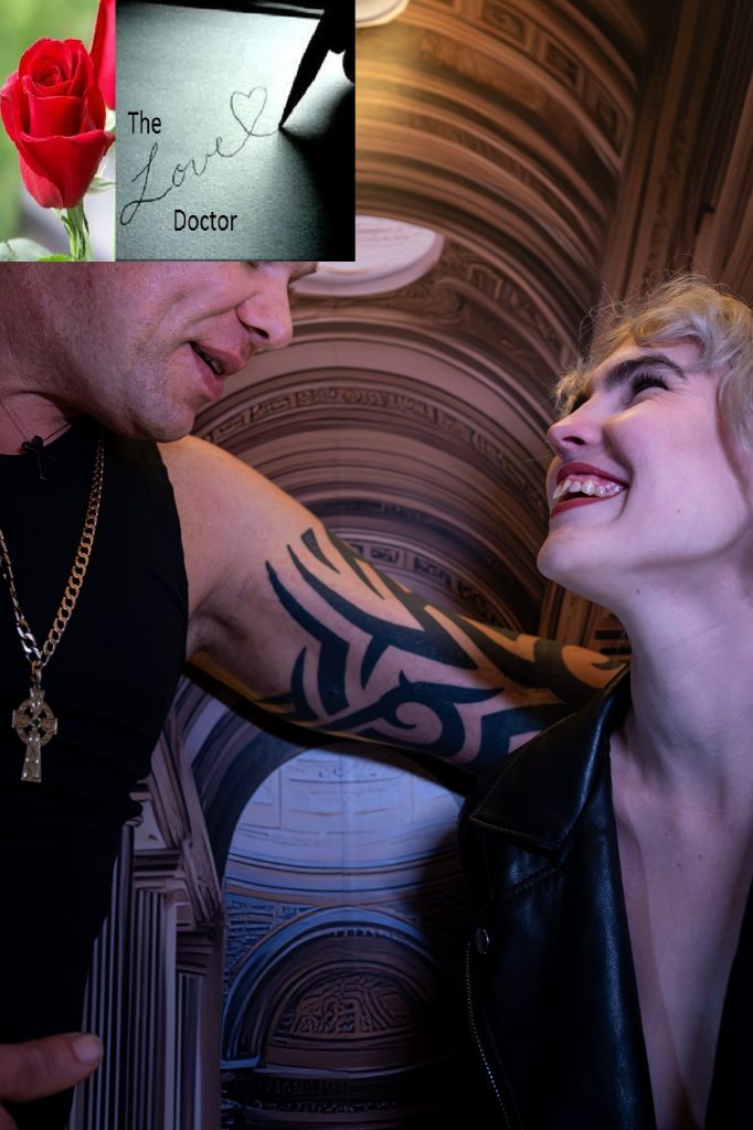 Couple looking at each other, with a rose and 