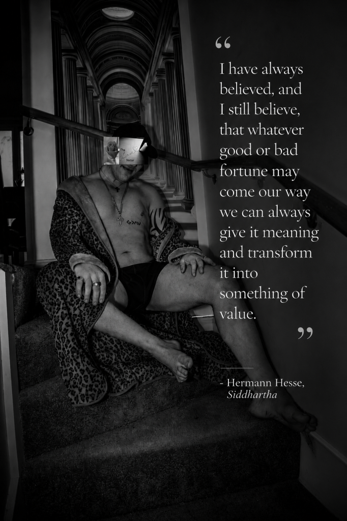 Man in leopard print robe sitting on stairs, quote from Siddhartha