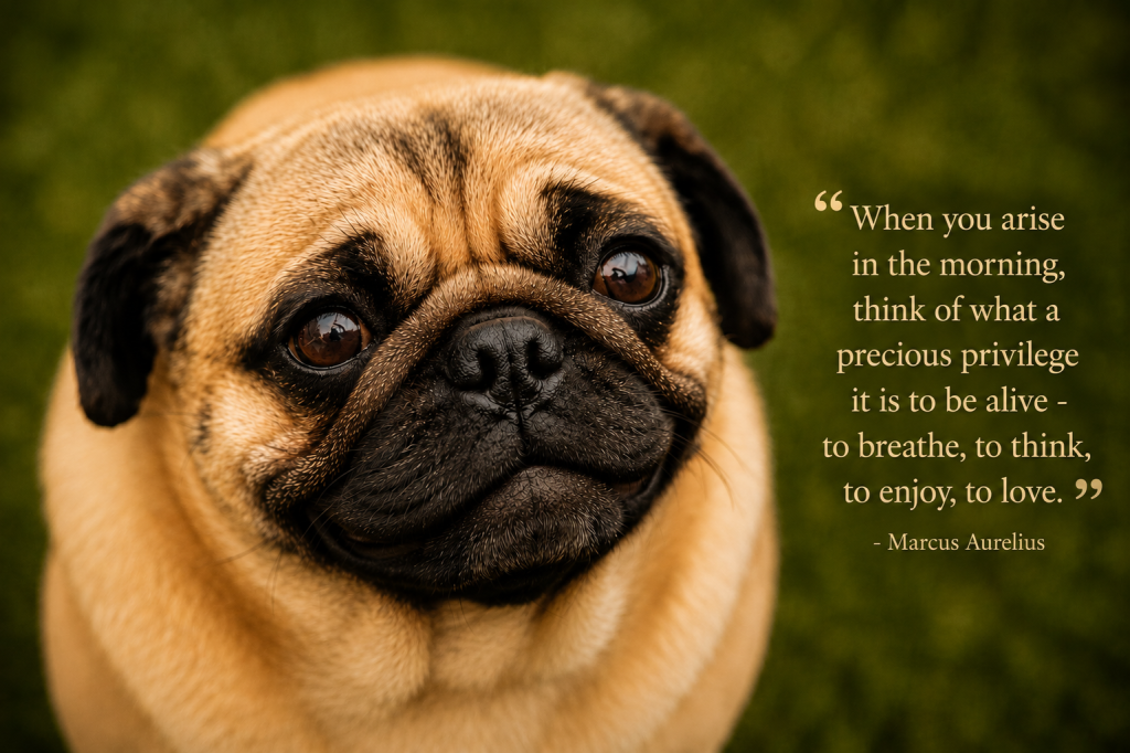 Close-up of a pug's face with the quote 