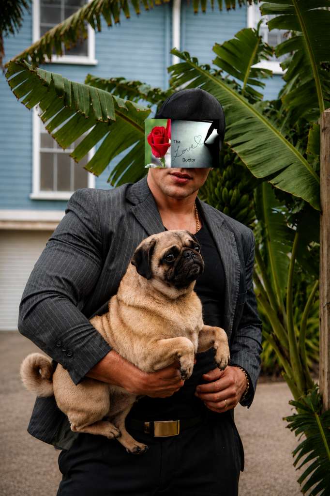 Man in suit holding pug, with 