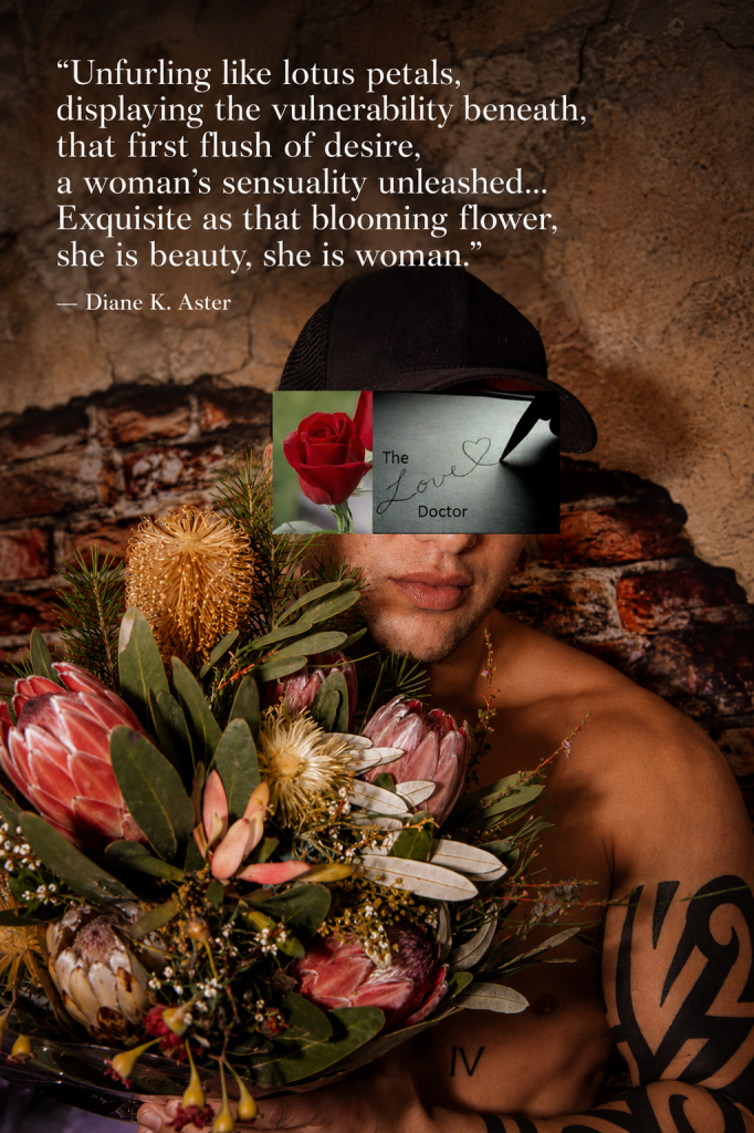 Man with tattoos holding a floral bouquet, with quote about sensuality.
