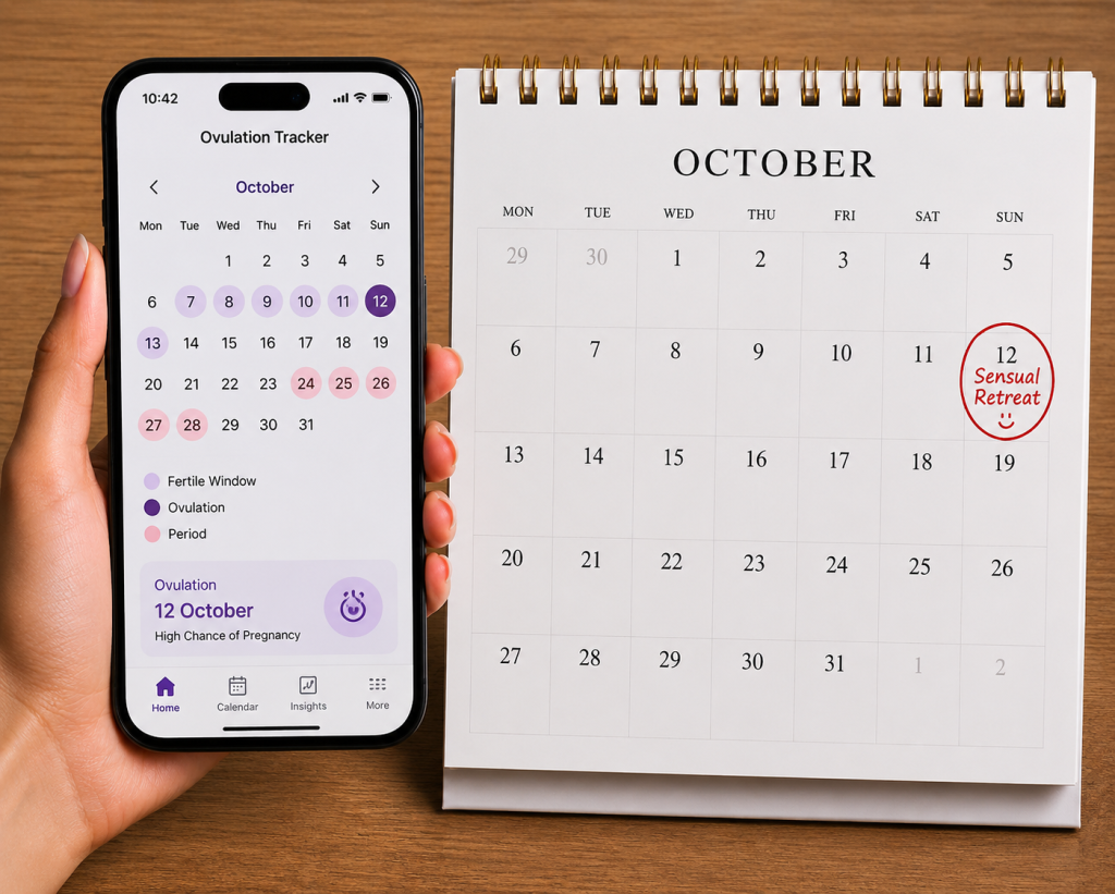 Woman's hand holding phone with ovulation tracker app next to October calendar with 