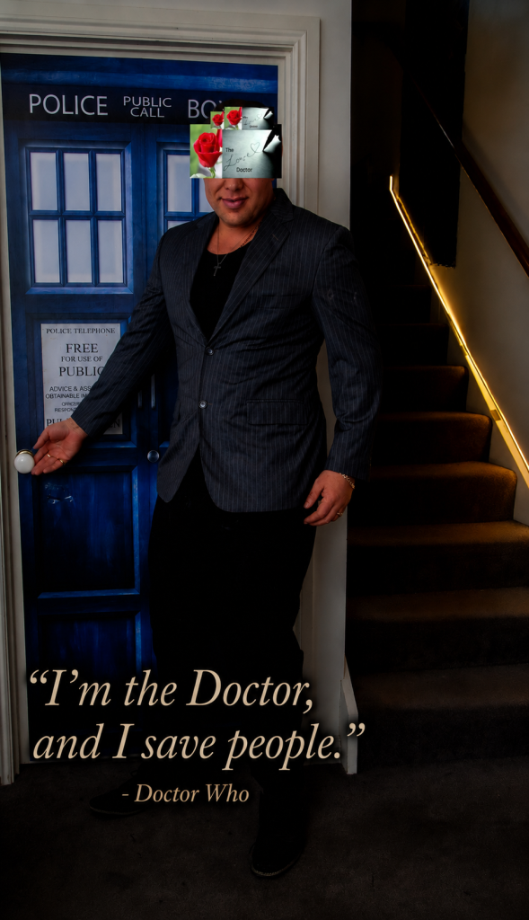 Man in pinstripe suit by a blue police box, quoting 
