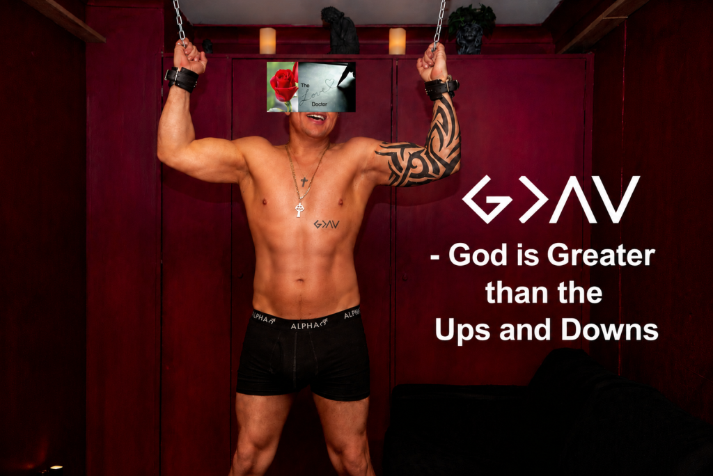 Man in bondage with G>AV text, 