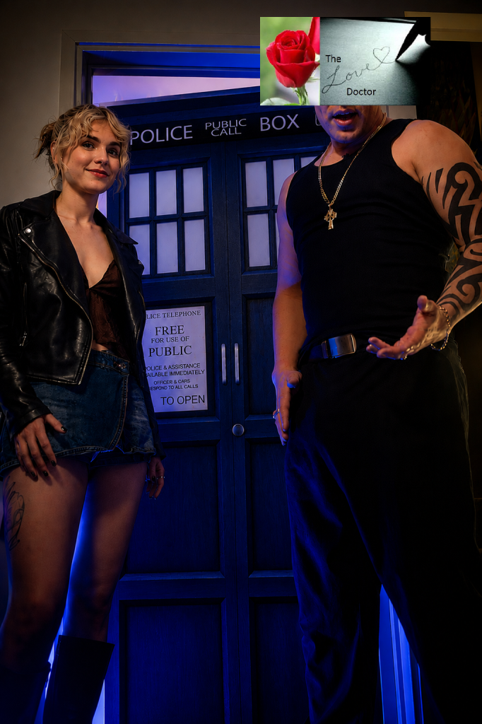 Couple posing in front of a Police Box, with a rose and 