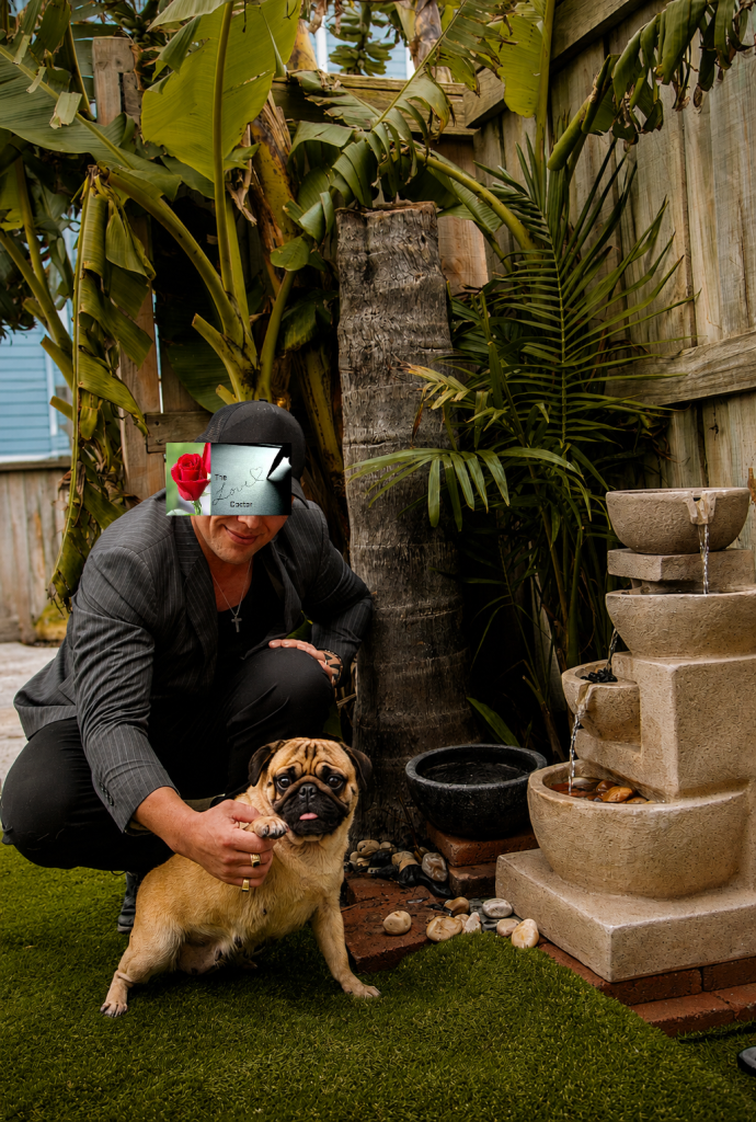 Man in suit with pug near tiered stone fountain, July 2026 gallery