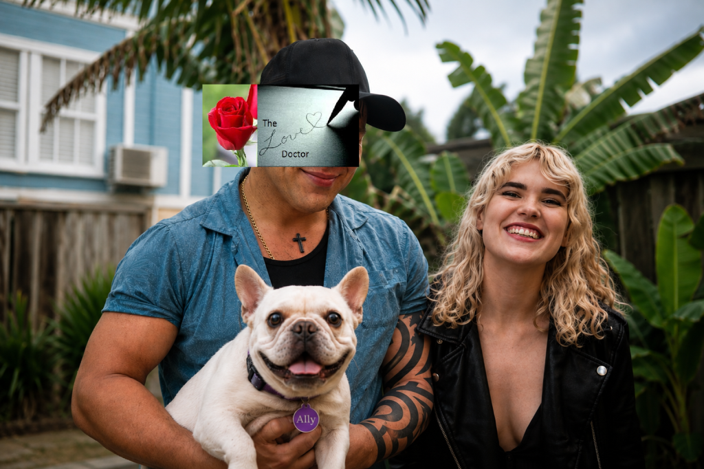 Couple with French bulldog, rose, and 