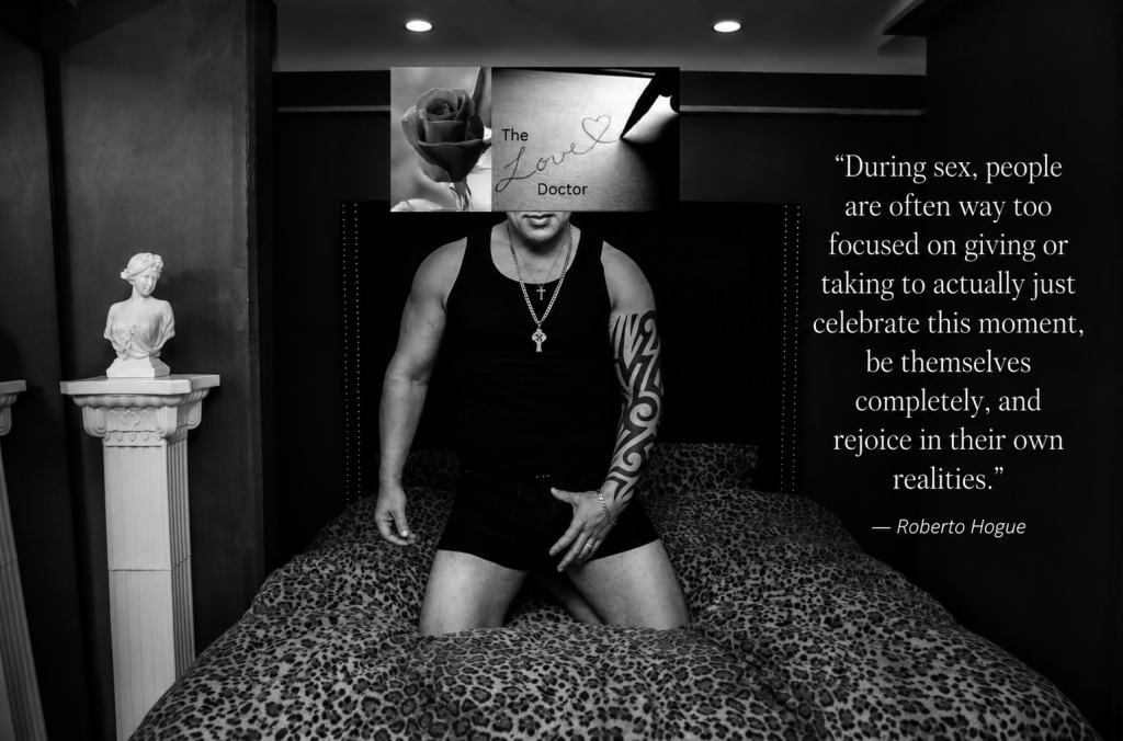 Man in black tank top and shorts on leopard print bed, 