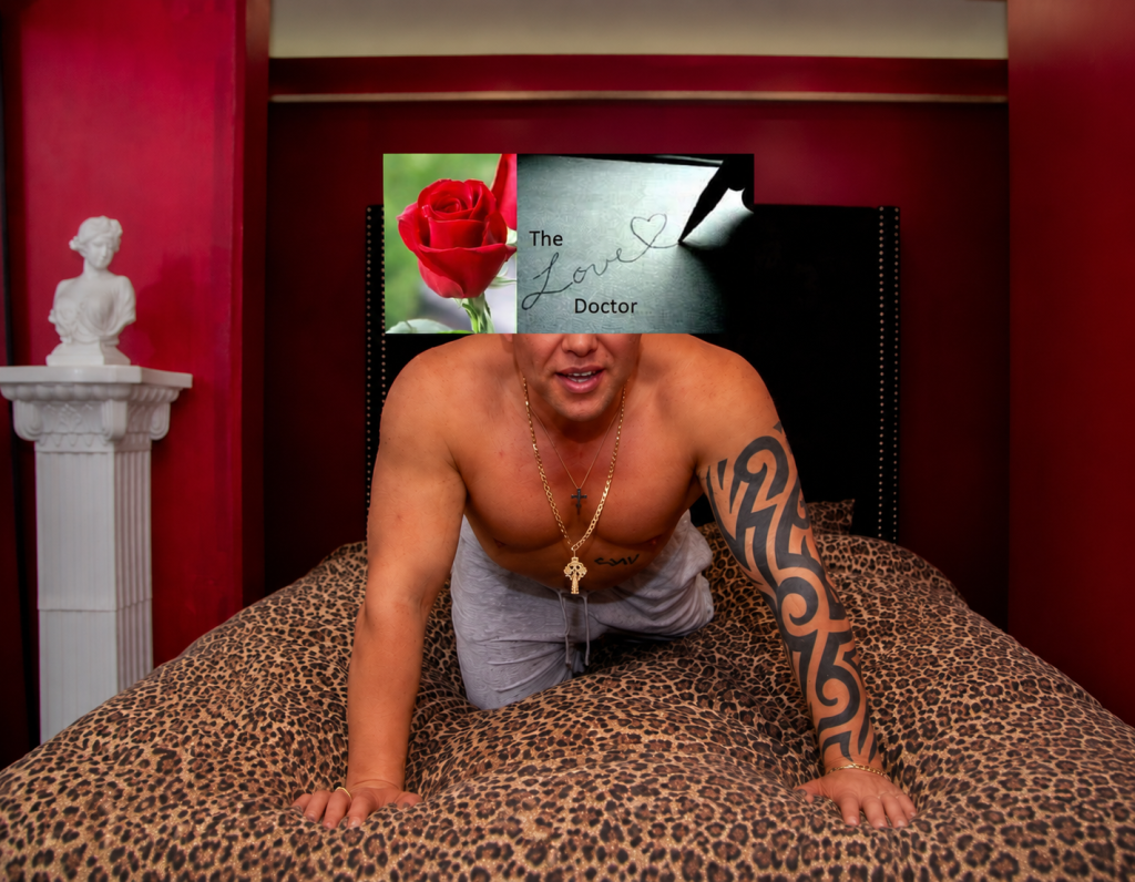 Man with tattoo and necklace on bed with rose and 