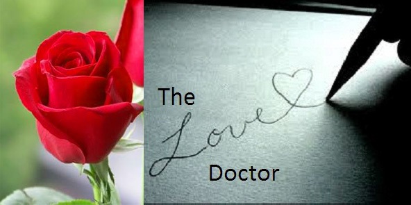 Red rose and "The Love Doctor" text with a heart drawn by a pen