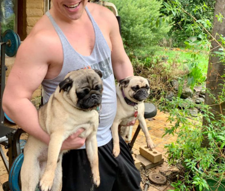 Man holding two pugs in a backyard garden with exercise equipment.